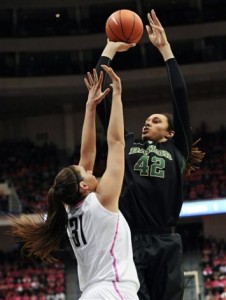 Brittney Griner towered over UConn's 6-5 center Stefanie Dolson (AP Photo/Jessica Hill).