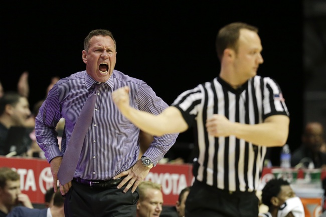 Grand Canyon State coach Dan Majerle, left, yells as official Nate Harris calls a foul on his team during the second half of an NCAA college basketball game against San Diego State on Friday, Dec. 18, 2015, in San Diego. Grand Canyon won, 52-45. (AP Photo/Gregory Bull)