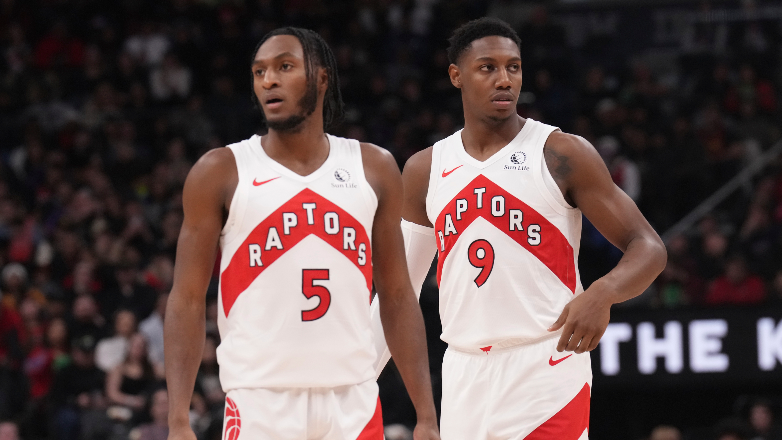 Immanuel Quickley and RJ Barrett, both still young and with bright futures, may end up proving the Raptors got the better end of the deal with the Knicks. (AP Photo/Chris Young)