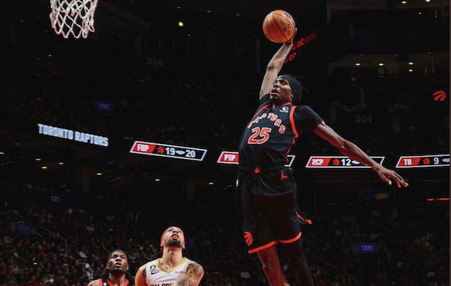Chris Boucher throws it down during a 2023 game. (Photo courtesy: Chris Boucher Twitter)